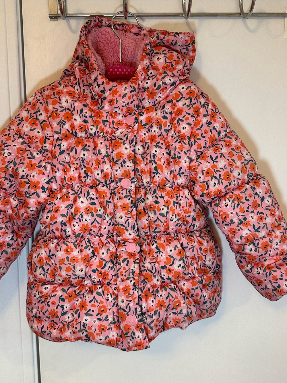 Pink Floral Puffer Jacket for Kids - Cozy Hooded Winter Coat size 4T